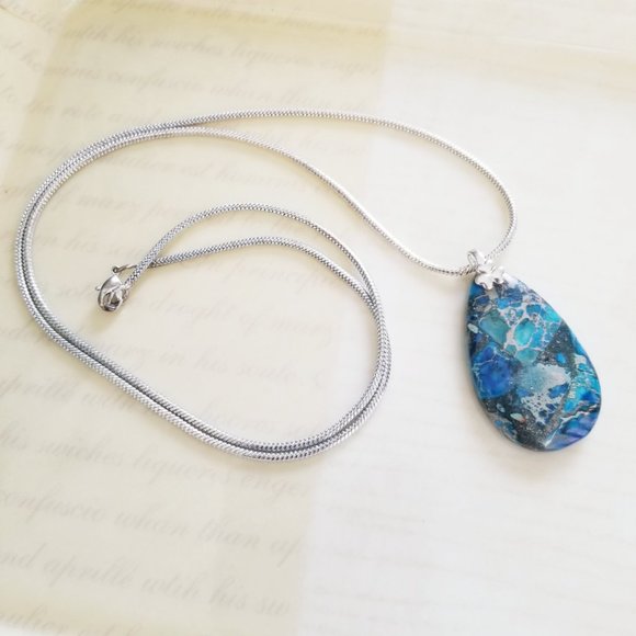 Blue & Silver Pendant with 925 Bail on Silver Chain 24" - Picture 3 of 13